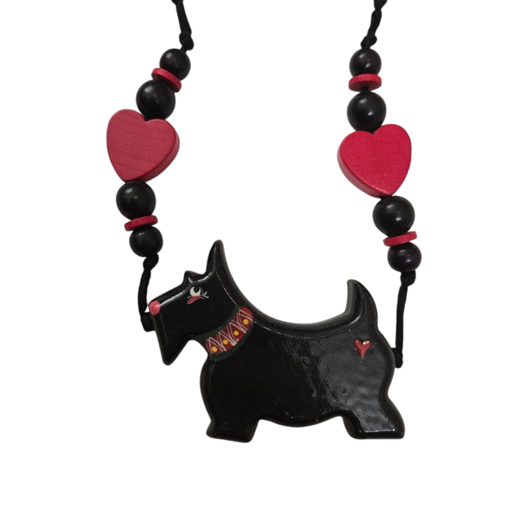 Vintage wooden hand painted Mary O black schnauzer necklace
